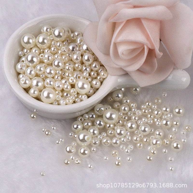 3-8mm ABS Imitation Pearl Beads with Hole / DIY Pearl Beads/ 3-8毫米圆形ABS仿珍珠双孔塑料水磨高亮散珠服装辅料DIY配件