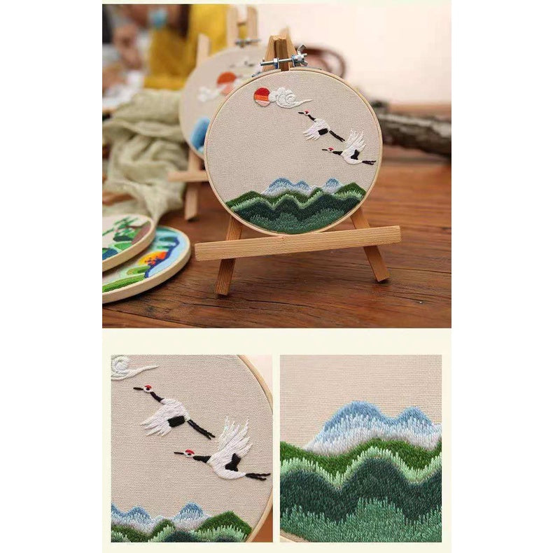 Embroidery Kit- Needlework for Beginner- Cross Stitch set/ DIY手工刺绣材料包- 仙鹤花草初学者绣花套件
