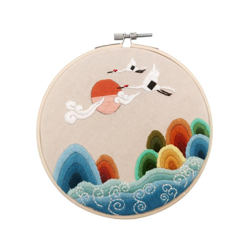 Embroidery Kit- Needlework for Beginner- Cross Stitch set/ DIY手工刺绣材料包- 仙鹤花草初学者绣花套件