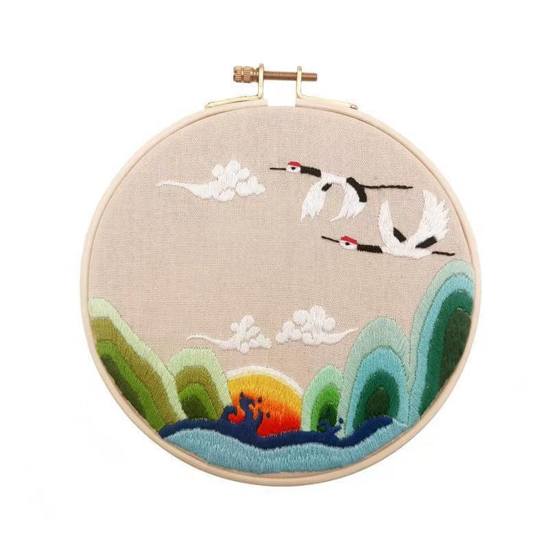 Embroidery Kit- Needlework for Beginner- Cross Stitch set/ DIY手工刺绣材料包- 仙鹤花草初学者绣花套件