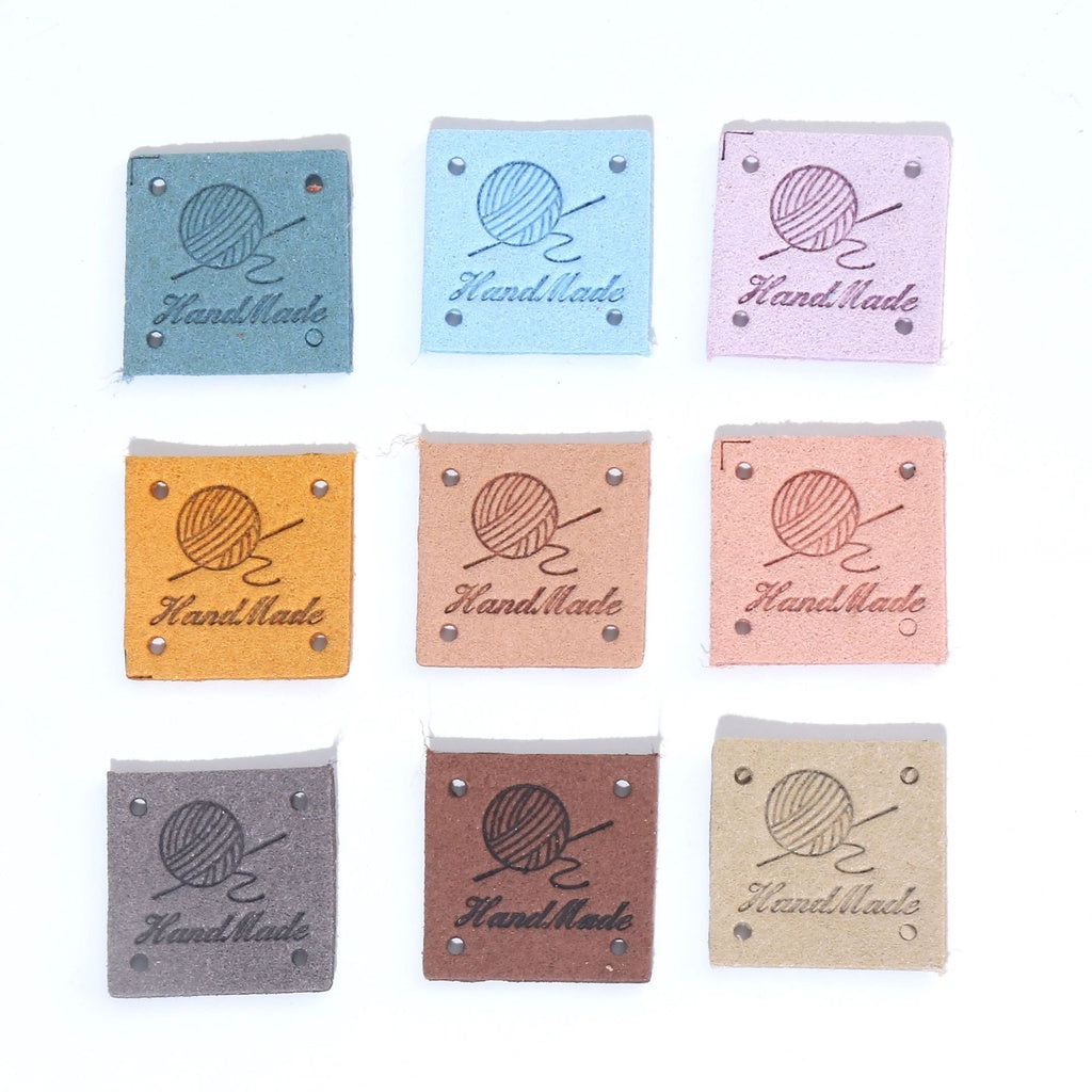 5pcs Handmade Microfiber Label Tag Color Tag Square Size Tag 彩色标签handmade毛线球四孔麂皮绒超纤皮标