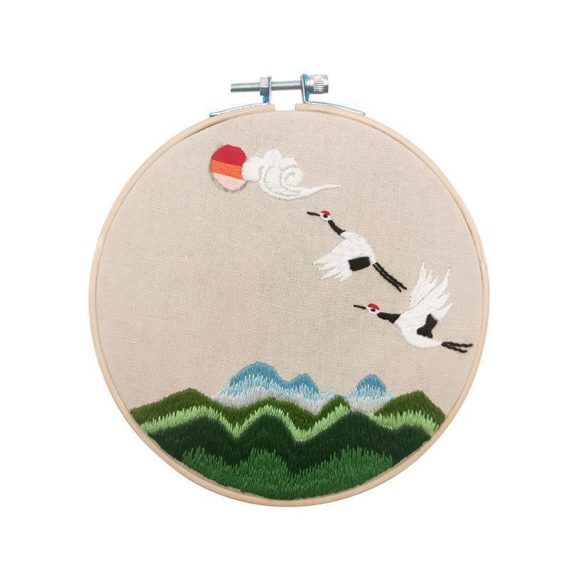 Embroidery Kit- Needlework for Beginner- Cross Stitch set/ DIY手工刺绣材料包- 仙鹤花草初学者绣花套件