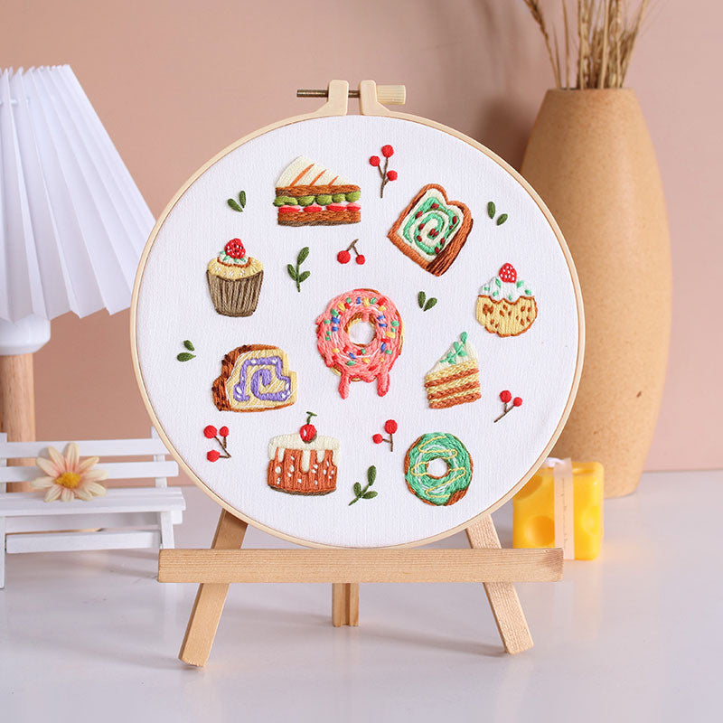 Bread & Dessert Embroidery Kit for Beginners – Full DIY Needlework Kit with Hoops, Threads, Fabric
