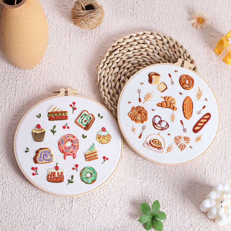 Bread & Dessert Embroidery Kit for Beginners – Full DIY Needlework Kit with Hoops, Threads, Fabric