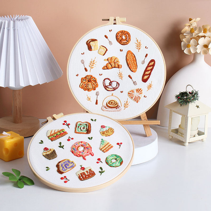 Bread & Dessert Embroidery Kit for Beginners – Full DIY Needlework Kit with Hoops, Threads, Fabric