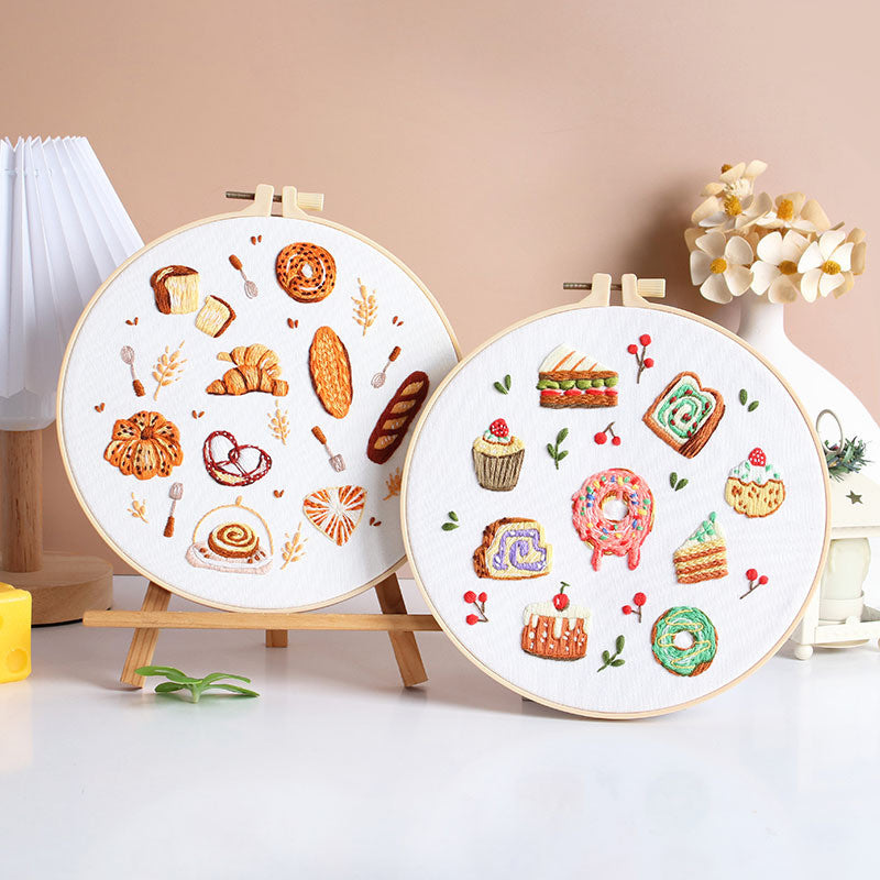 Bread & Dessert Embroidery Kit for Beginners – Full DIY Needlework Kit with Hoops, Threads, Fabric