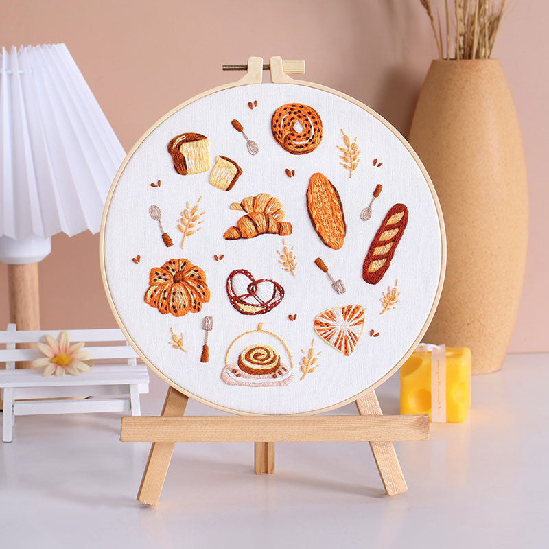 Bread & Dessert Embroidery Kit for Beginners – Full DIY Needlework Kit with Hoops, Threads, Fabric