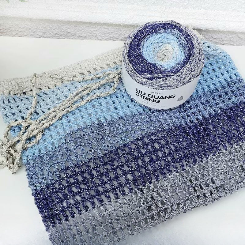 200g- Silver Glitter Hollow Cotton Gradient Cake Yarn 1.5mm –Galaxy Shiny Crochet Yarn for DIY Bags, Hats | Benang Kait