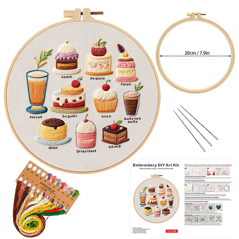 DIY Embroidery Kit High Tea Dessert Pattern | Hand Embroidery Starter Kit | Needlework Work Craft Set Sulaman Tangan