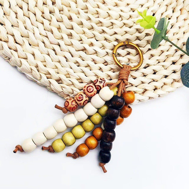 Vintage Boho Wooden Bead Bag Charm Keychain – Handmade Tassel Pendant for Handbags, Backpacks & Car Keys
