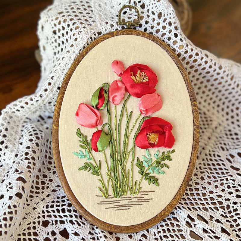 DIY 3D Ribbon Embroidery Kit | European Floral Hand Embroidery Set with Threads & Needles | Home Wall Decor for Beginner
