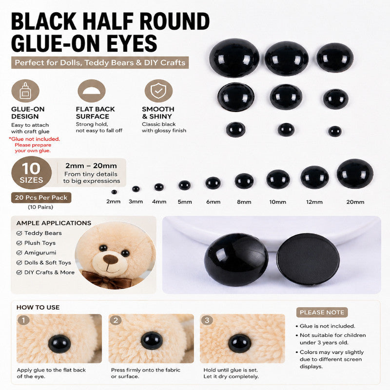 20pcs- Doll Safety Eyes | Doll Eyes for Teddy Bear, Plush Toy & DIY Crafts | Flat Back | Glue On | Mata Amigurumi