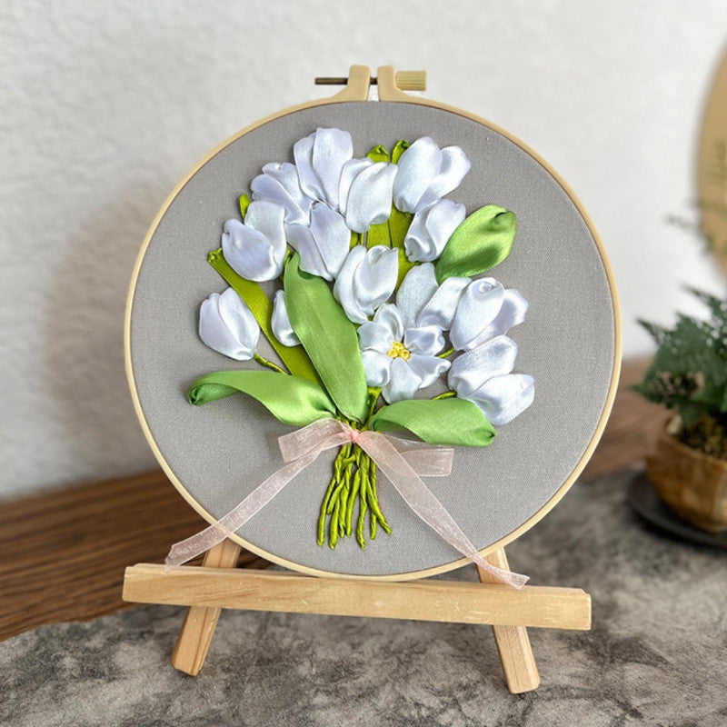 DIY 3D Ribbon Embroidery Kit | European Floral Hand Embroidery Set with Threads & Needles | Home Wall Decor for Beginner