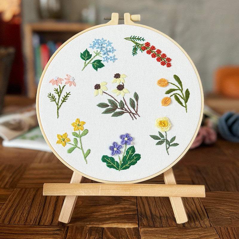 European Floral Embroidery DIY Kit | 3D Botanical Needlework Small Art Beginner-Friendly Starter Set- Set Sulaman Tangan