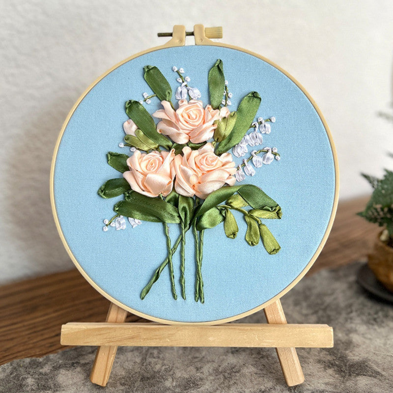 DIY 3D Ribbon Embroidery Kit | European Floral Hand Embroidery Set with Threads & Needles | Home Wall Decor for Beginner