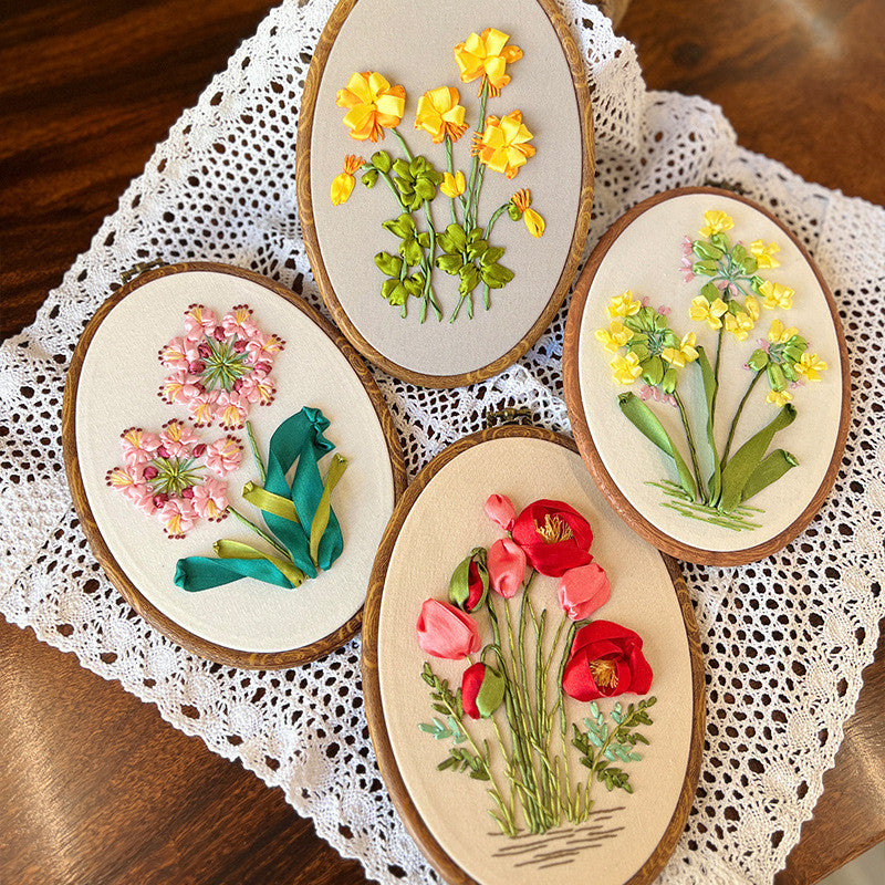 DIY 3D Ribbon Embroidery Kit | European Floral Hand Embroidery Set with Threads & Needles | Home Wall Decor for Beginner