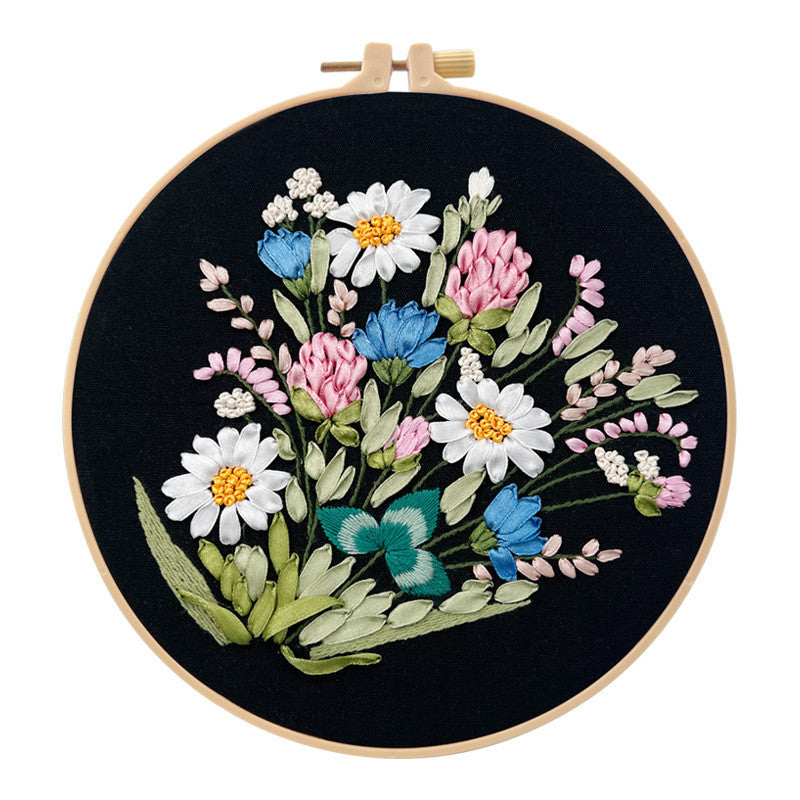 DIY 3D Ribbon Embroidery Kit | European Floral Hand Embroidery Set with Threads & Needles | Home Wall Decor for Beginner