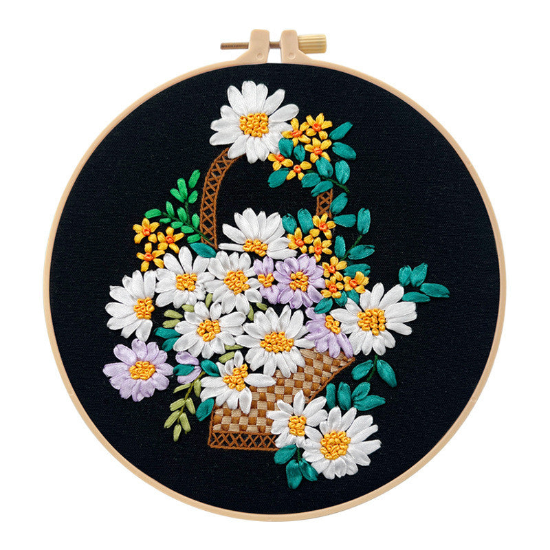 DIY 3D Ribbon Embroidery Kit | European Floral Hand Embroidery Set with Threads & Needles | Home Wall Decor for Beginner