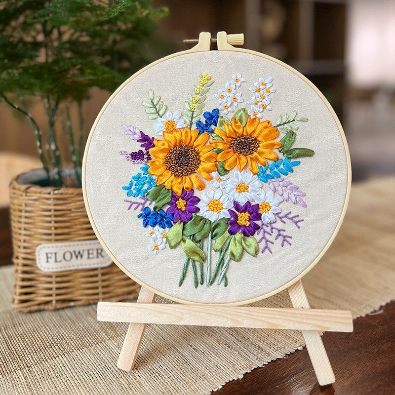 DIY 3D Ribbon Embroidery Kit | European Floral Hand Embroidery Set with Threads & Needles | Home Wall Decor for Beginner