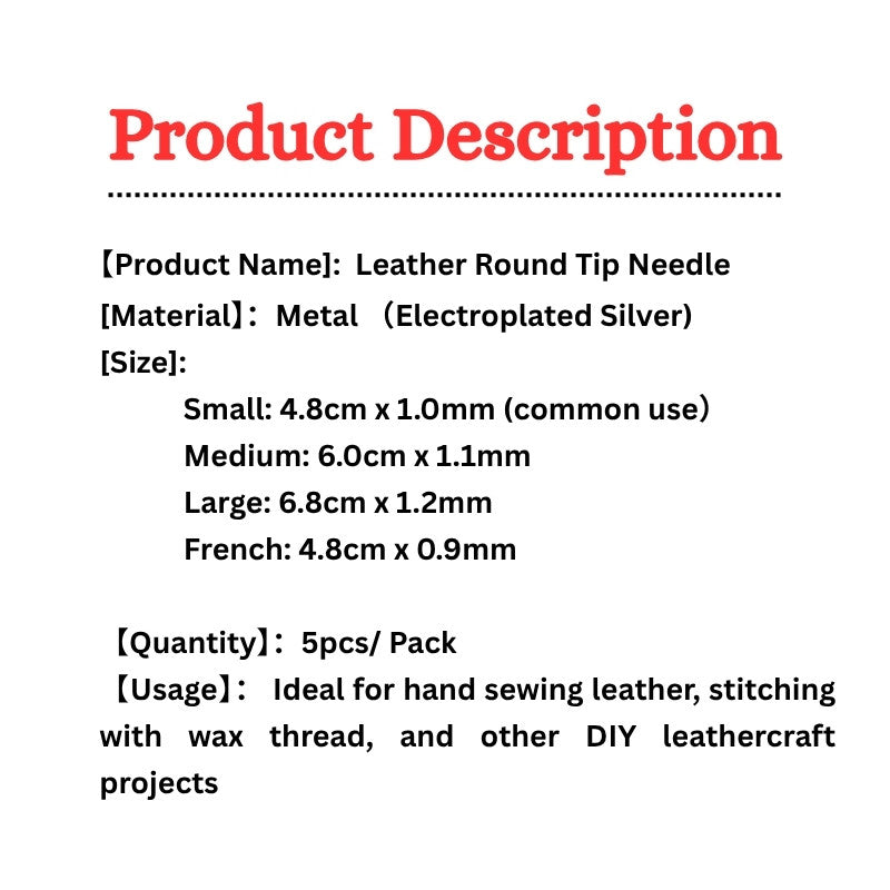 Round-Tip Needles (Set of 5) | Hand Sewing Needles for Leather Craft DIY, Wax Thread Stitching, Non-Triangle Tip