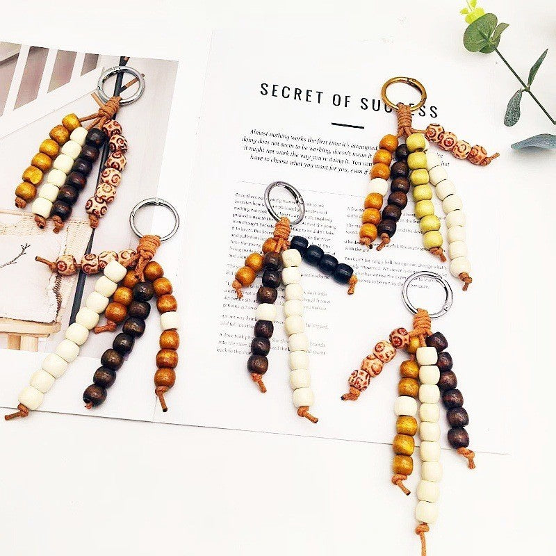 Vintage Boho Wooden Bead Bag Charm Keychain – Handmade Tassel Pendant for Handbags, Backpacks & Car Keys