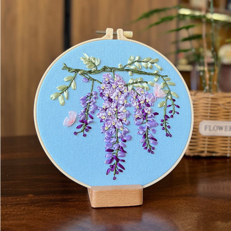 DIY 3D Ribbon Embroidery Kit | European Floral Hand Embroidery Set with Threads & Needles | Home Wall Decor for Beginner