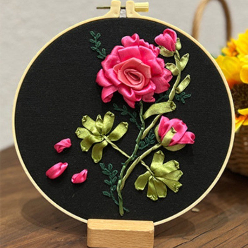 DIY 3D Ribbon Embroidery Kit | European Floral Hand Embroidery Set with Threads & Needles | Home Wall Decor for Beginner