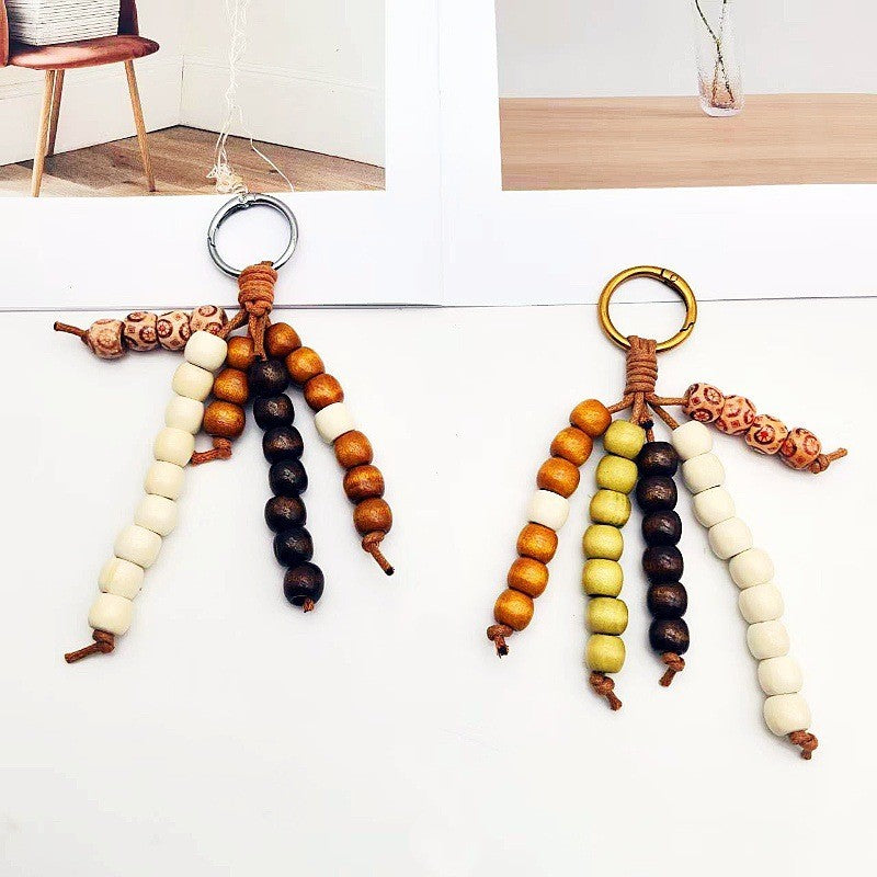 Vintage Boho Wooden Bead Bag Charm Keychain – Handmade Tassel Pendant for Handbags, Backpacks & Car Keys