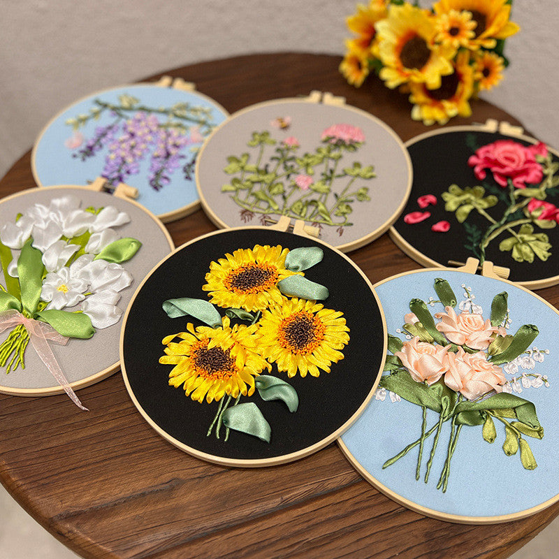 DIY 3D Ribbon Embroidery Kit | European Floral Hand Embroidery Set with Threads & Needles | Home Wall Decor for Beginner