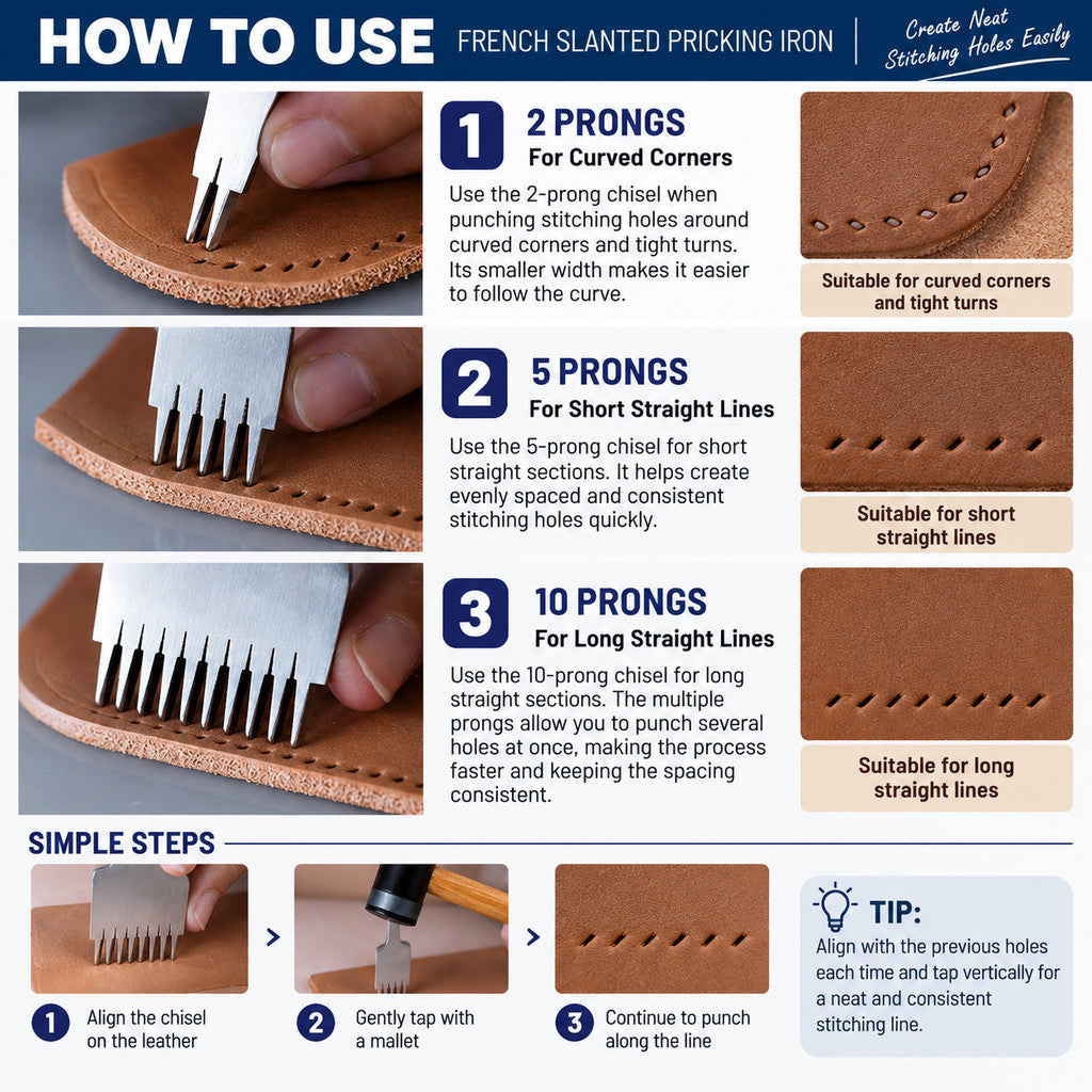 Leather Punch Chisel French Slanted Flat Pricking Iron 2.7/3.0/3.38/3.85mm Leather Craft Stitching Tool Alat Tebuk Kulit