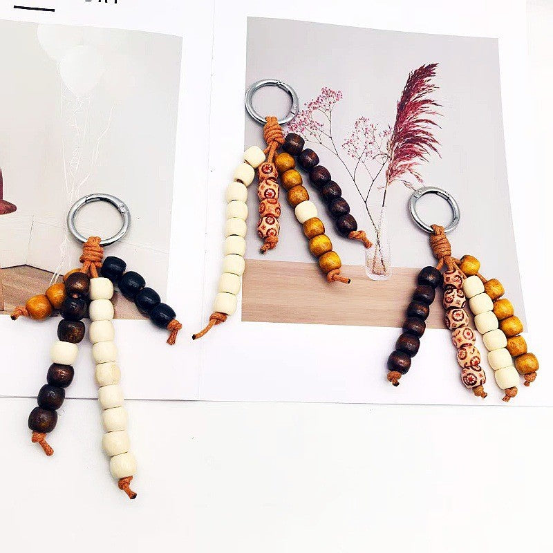 Vintage Boho Wooden Bead Bag Charm Keychain – Handmade Tassel Pendant for Handbags, Backpacks & Car Keys