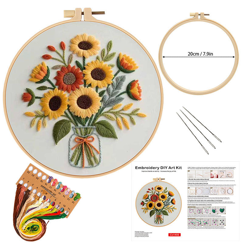 DIY Embroidery Kit Flower Bouquet Pattern | Sunflower Vase Hand Embroidery Starter Kit | Needlework  Set Sulaman Tangan
