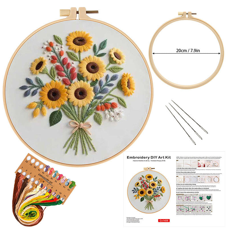 DIY Embroidery Kit Flower Bouquet Pattern | Sunflower Vase Hand Embroidery Starter Kit | Needlework  Set Sulaman Tangan