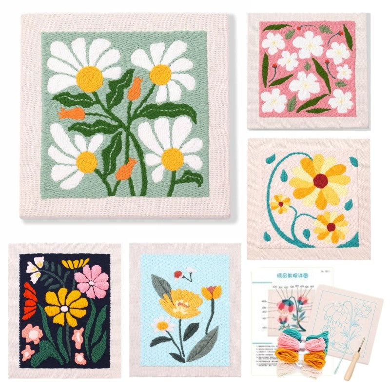Punch Needle Embroidery Kit with Hoop & Tool | DIY Rug Punch Kit Flower Pattern | Russian Poke Needle Set