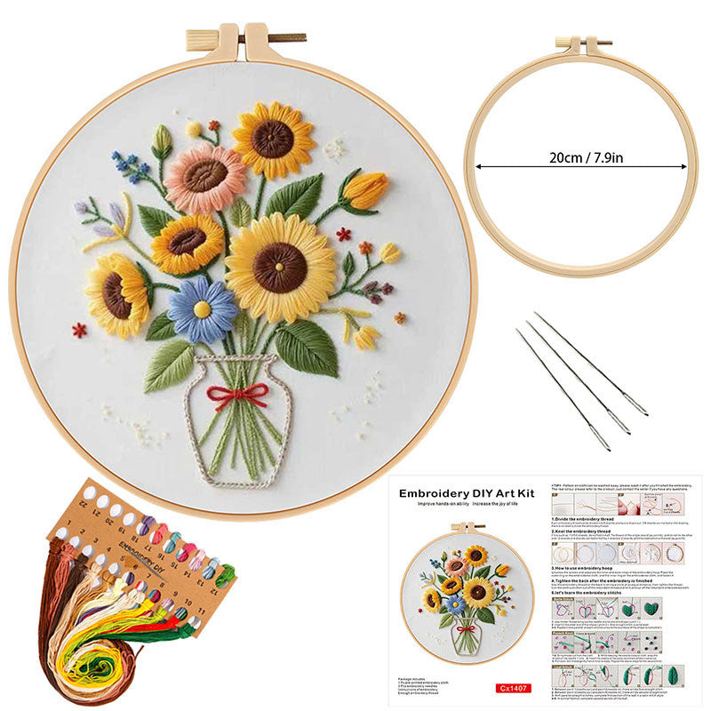 DIY Embroidery Kit Flower Bouquet Pattern | Sunflower Vase Hand Embroidery Starter Kit | Needlework  Set Sulaman Tangan