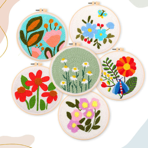 Punch Needle Embroidery Kit with Hoop & Tool | DIY Rug Punch Kit Flower Pattern | Russian Poke Needle Set